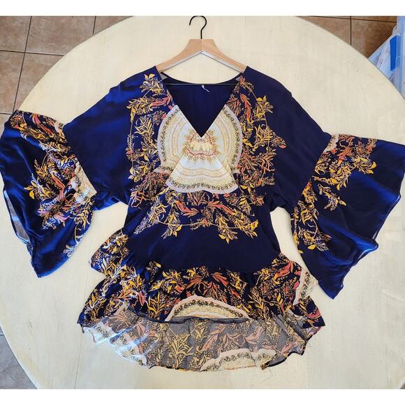 Free People Women's Top Size XS Boho Ruffle Blouse Blue - Picture 9 of 11